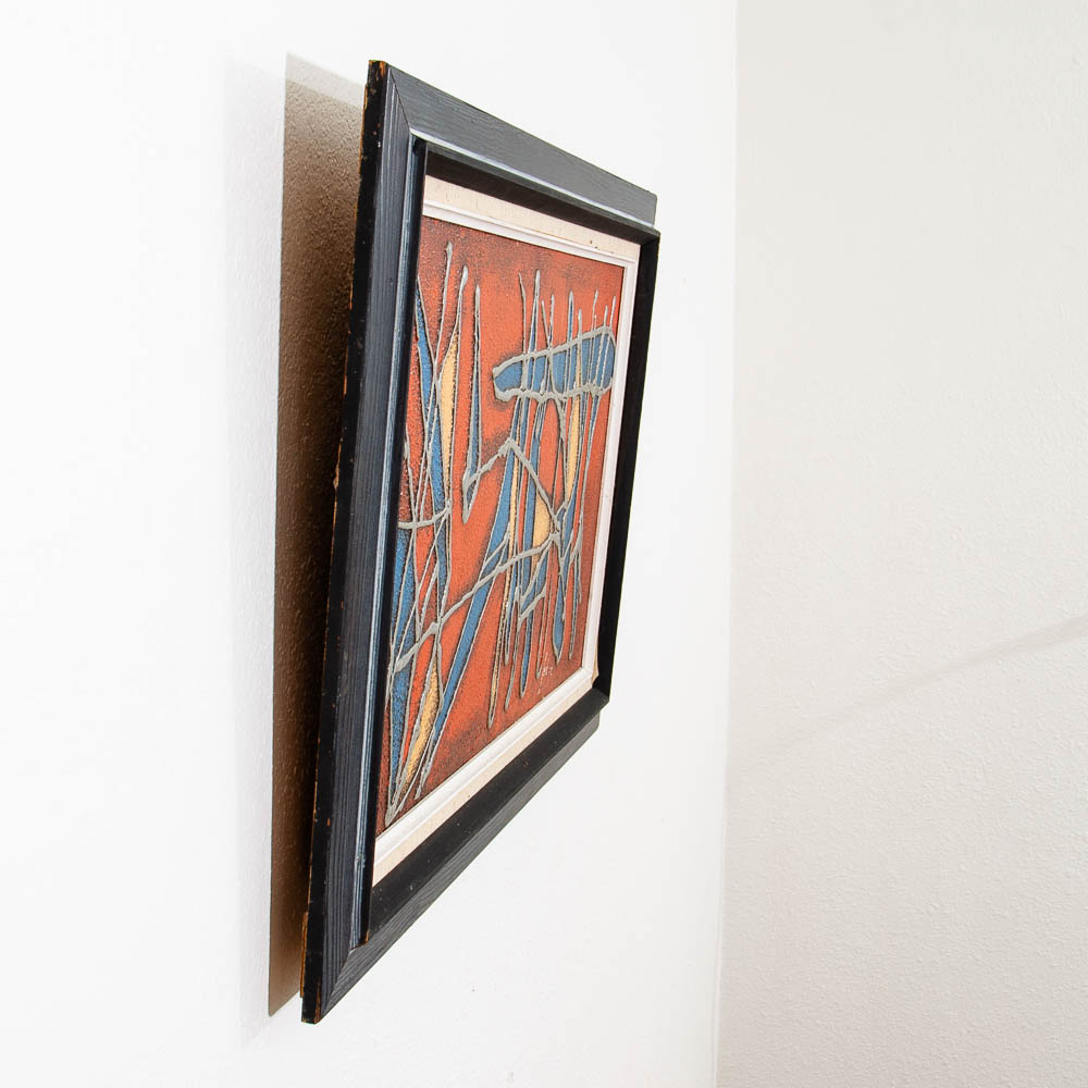 Mid Century Modern Danish Original Abstracted Oil Painting Red Blue Mixed Framed - Image 8