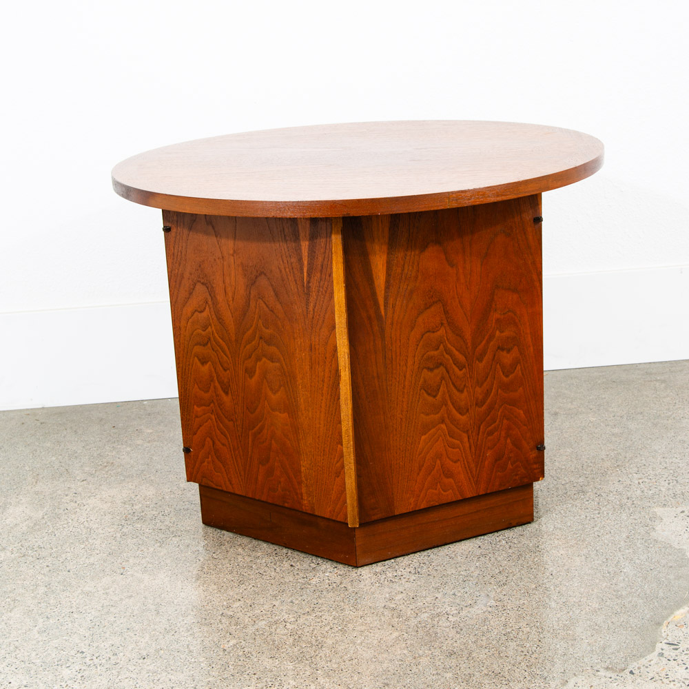Mid Century Modern End Table Side Round Lane Cabinet Storage Danish Walnut Doors - Image 2