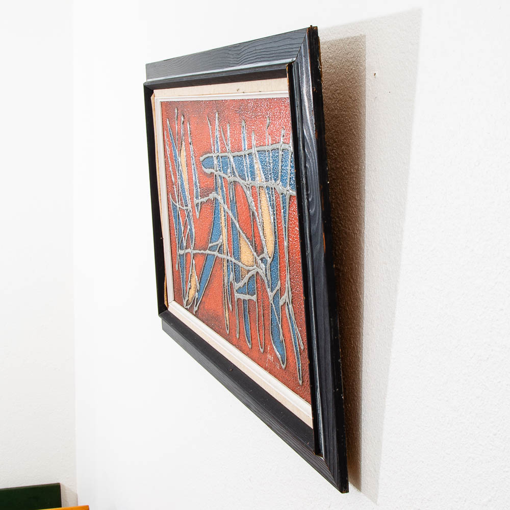 Mid Century Modern Danish Original Abstracted Oil Painting Red Blue Mixed Framed - Image 4
