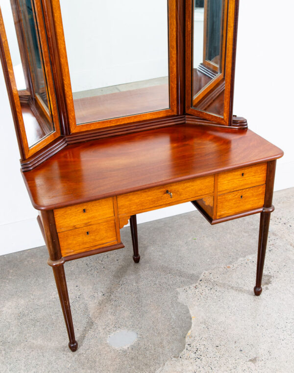 Mid Century Danish Modern Vanity Table Desk Oak Mirror Locking Drawers Vintage - Image 4