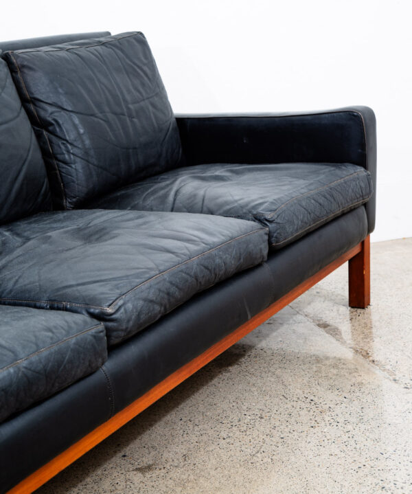 Mid Century Danish Modern Sofa Couch 3 Seater Leather Black Wood Denmark 74 in - Image 9