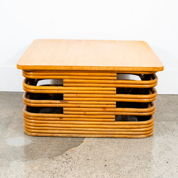 Mid Century Modern Coffee Table Square Bamboo Paul Frankl Rattan Oak Refinished - Image 3