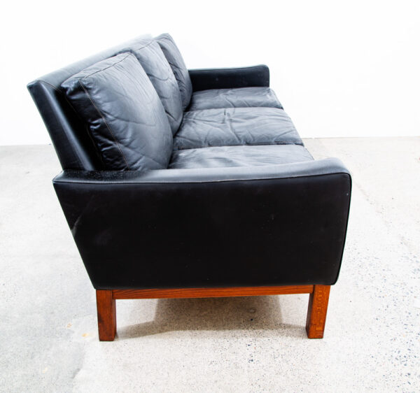 Mid Century Danish Modern Sofa Couch 3 Seater Leather Black Wood Denmark 74 in - Image 3