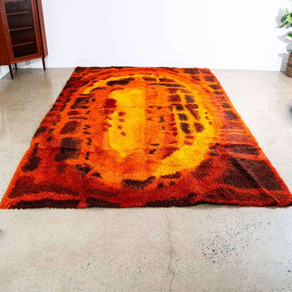Mid Century Modern Shag Rug Ege Rya Abstract Orange Red Wool 142x93 Area Mcm XL