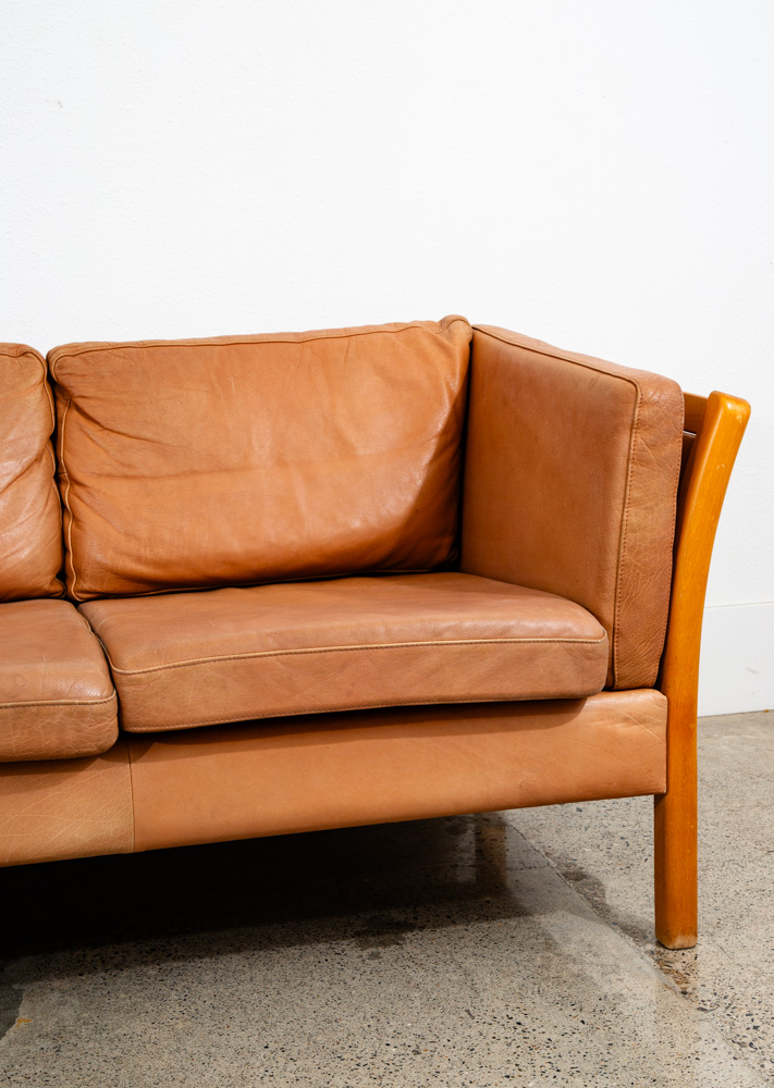 Mid Century Danish Modern Sofa Couch 3 Seater Stouby Leather Tan Denmark 80 in - Image 7