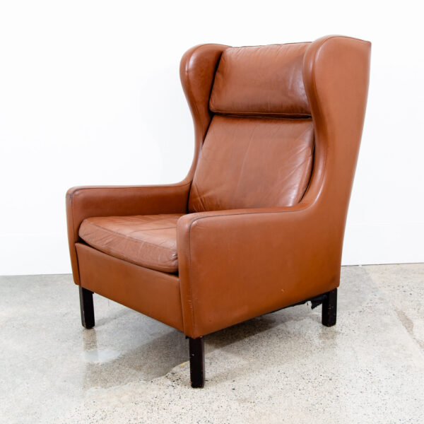 Mid Century Danish Modern Lounge Chair Wingback Brown Leather High Back Seat Mcm