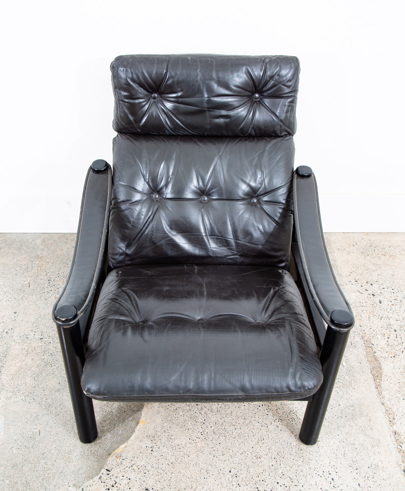 Mid Century Danish Modern Lounge Chair Black Leather Armchair Soren Nissen 70s - Image 2