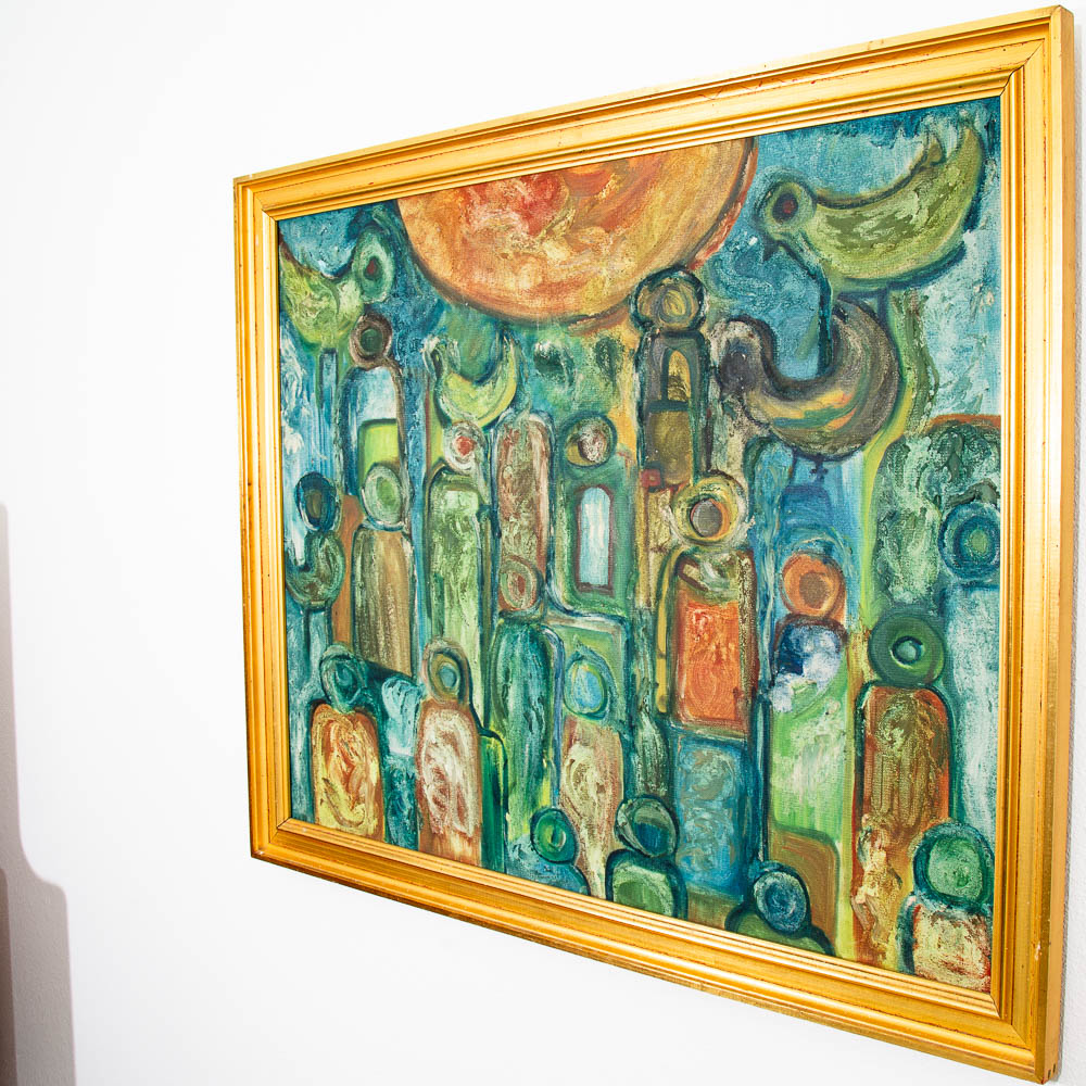 Mid Century Modern Original Painting Abstract Figures Blue Orange Oil 43x35 Mcm - Image 3