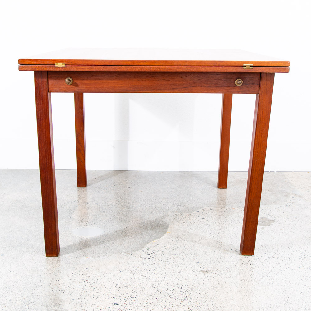 Mid Century Denmark Modern Dining Table Flip Top Teak Draw Frame Extension Brass - Image 4