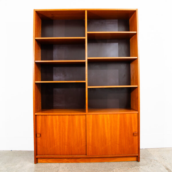 Mid Century Danish Modern Credenza Bookshelf Cabinet Teak Shelves Sliding Doors - Image 2