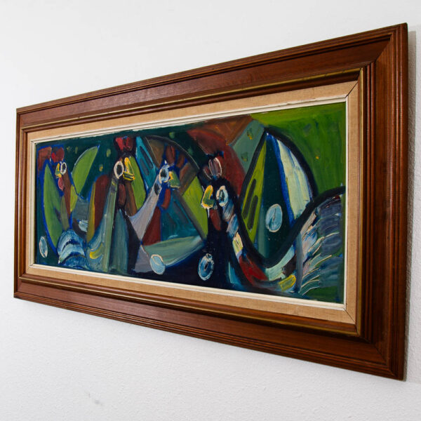 Mid Century Modern Art Original Abstract Chicken Hens Painting Framed Green Mcm - Image 2
