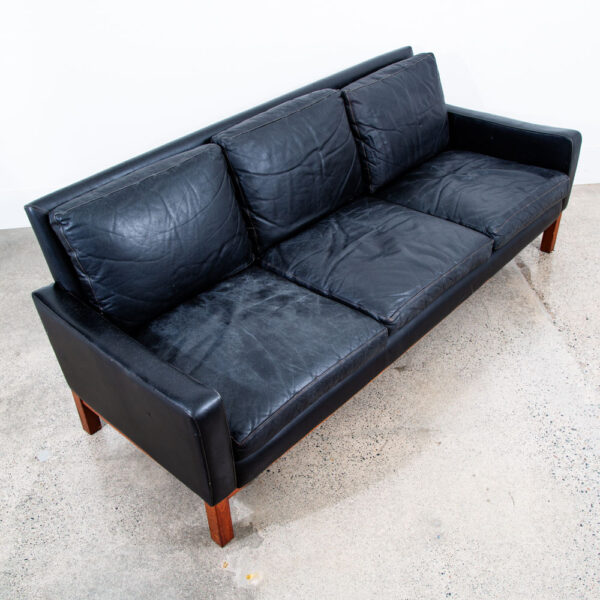 Mid Century Danish Modern Sofa Couch 3 Seater Leather Black Wood Denmark 74 in - Image 6