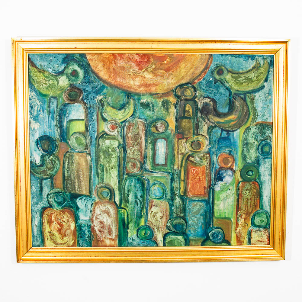 Mid Century Modern Original Painting Abstract Figures Blue Orange Oil 43x35 Mcm