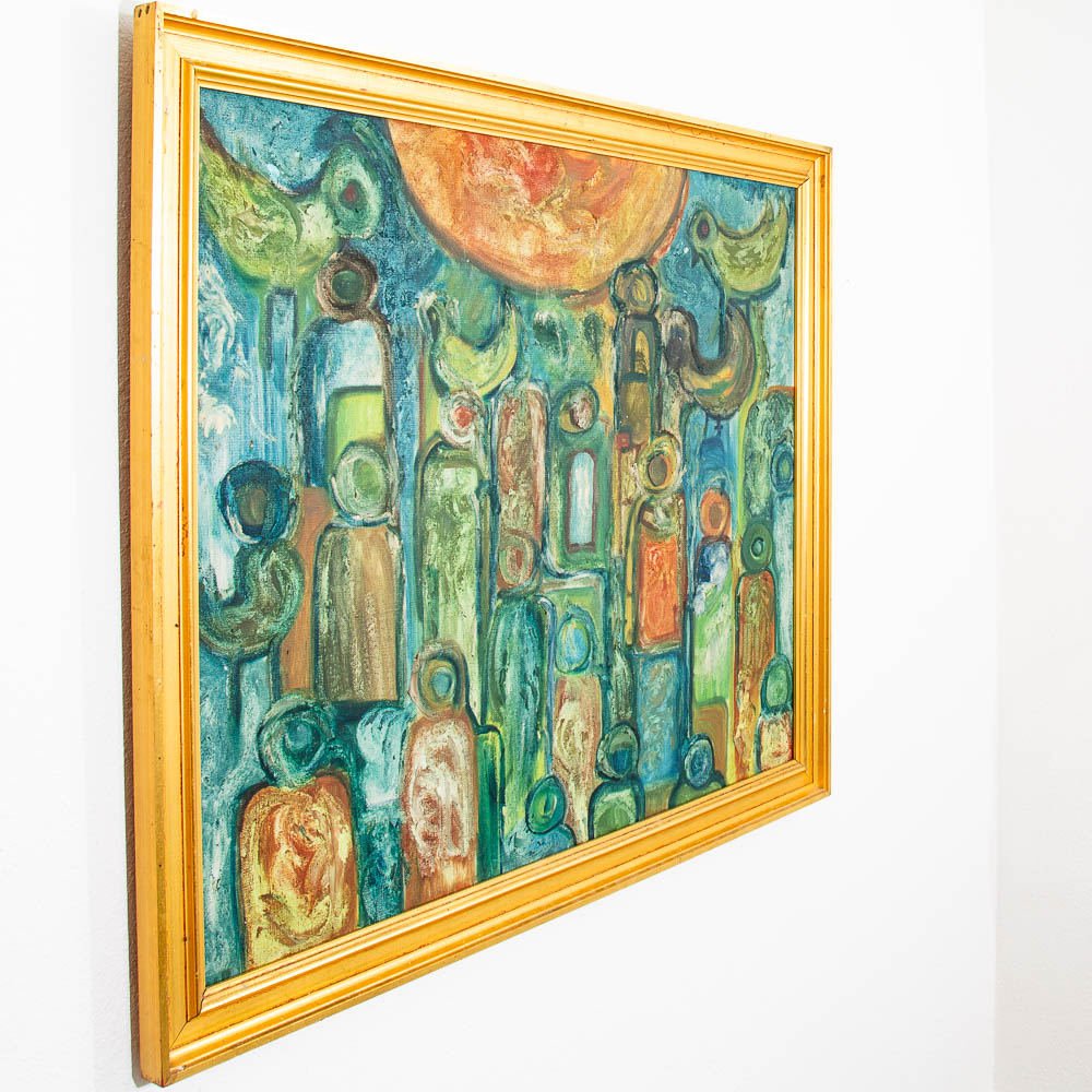 Mid Century Modern Original Painting Abstract Figures Blue Orange Oil 43x35 Mcm - Image 2