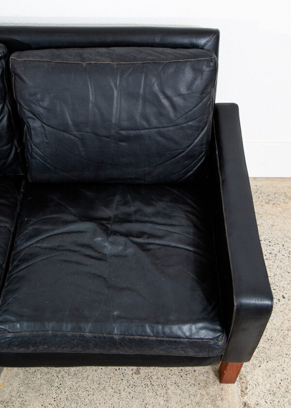 Mid Century Danish Modern Sofa Couch 3 Seater Leather Black Wood Denmark 74 in - Image 11