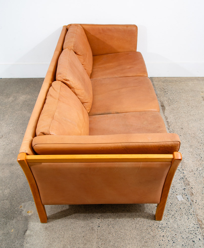 Mid Century Danish Modern Sofa Couch 3 Seater Stouby Leather Tan Denmark 80 in - Image 3