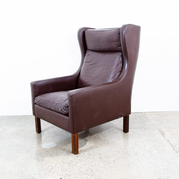 Mid Century Danish Modern Lounge Chair Wingback Brown Leather High Back Seat Mcm