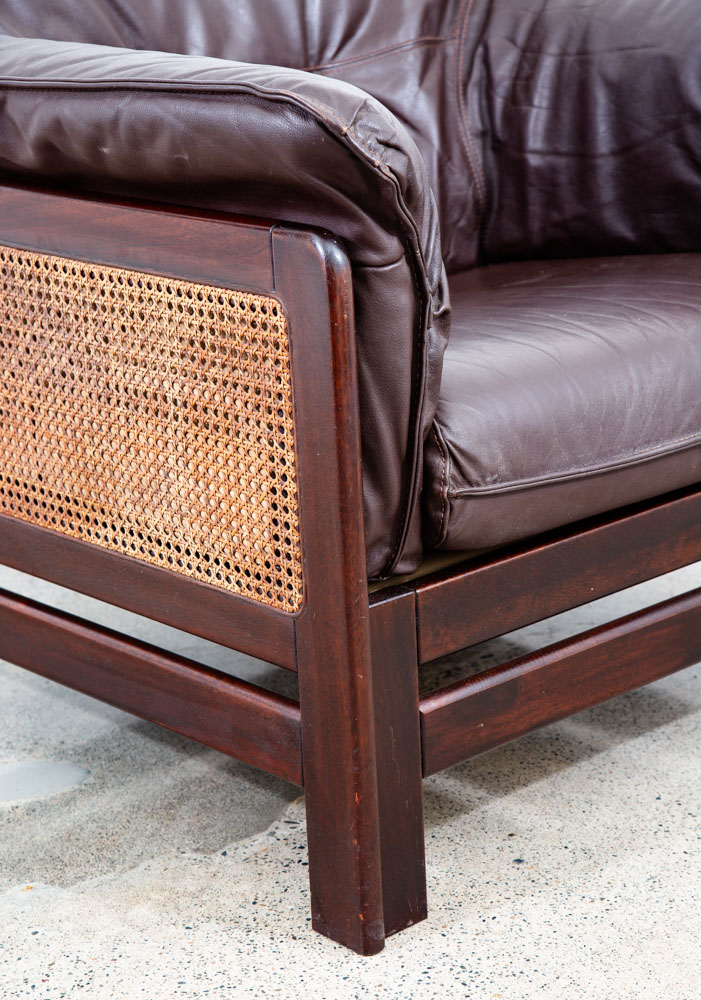 Mid Century Danish Modern Lounge Chairs Armchairs Set Cane Brown Leather Denmark - Image 8