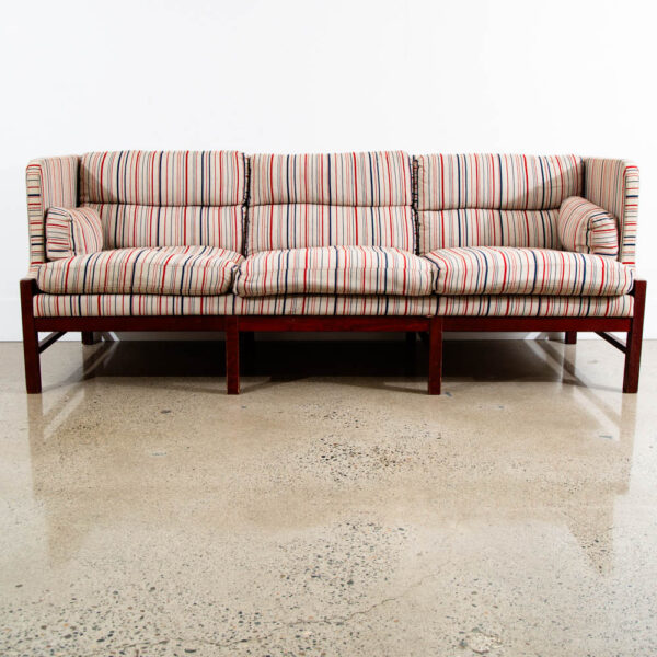 Mid Century Danish Modern Sofa Couch Highback 3 Seat Denmark White Blue Red Wood - Image 2