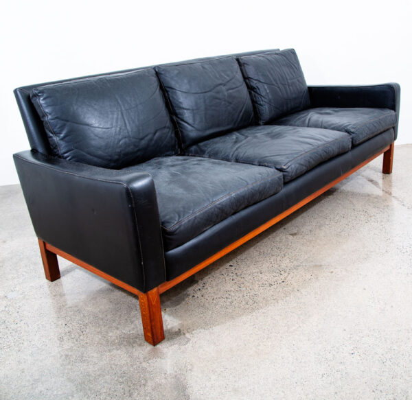 Mid Century Danish Modern Sofa Couch 3 Seater Leather Black Wood Denmark 74 in - Image 2