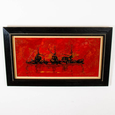 Mid Century Modern Danish Original Boats Sea Oil Painting Abstract Red Black