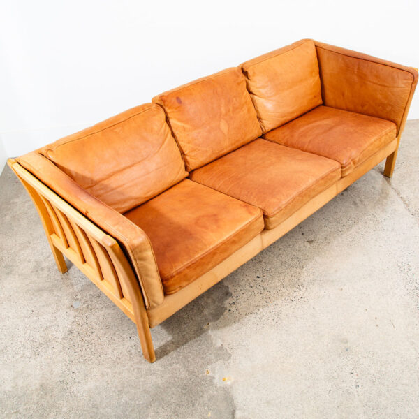 Mid Century Danish Modern Sofa Couch 3 Seater Stouby Leather Tan Denmark 76 in