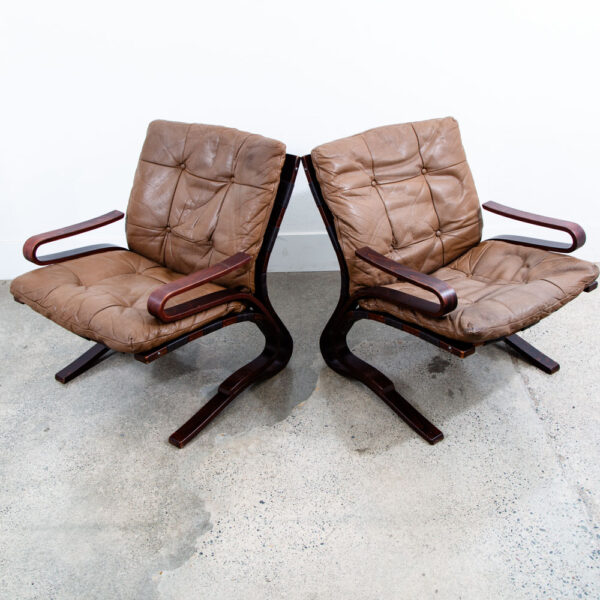 Mid Century Danish Modern Lounge Chairs Tan Leather Bentwood Set Pair Vintage - Image 4