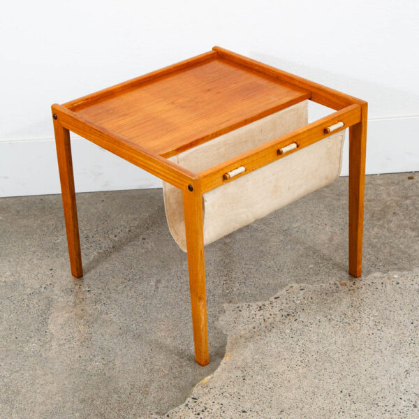 Mid Century Modern Magazine Rack Side Table Vintage Danish Canvas Sling Teak Mcm