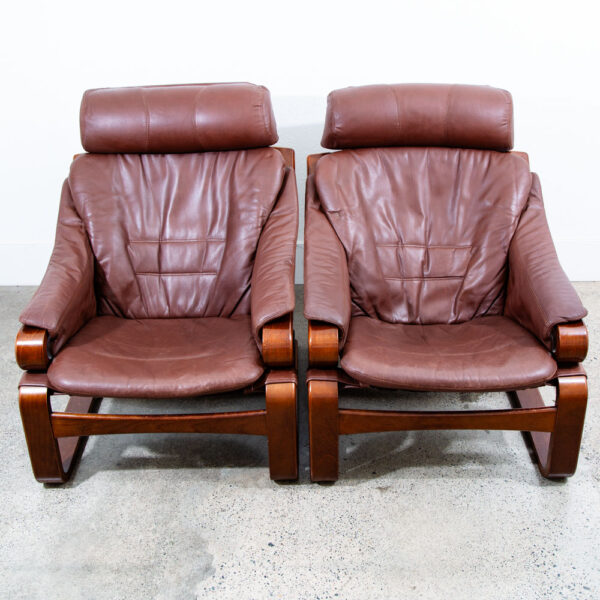 Mid Century Danish Modern Lounge Chairs Brown Leather Bentwood Set Pair Ottoman - Image 2