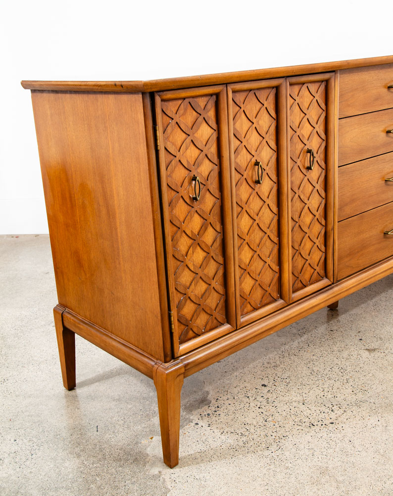 Mid Century Modern Credenza Dresser Walnut 12 Drawer Vintage Mcm Lattice Wood - Image 6