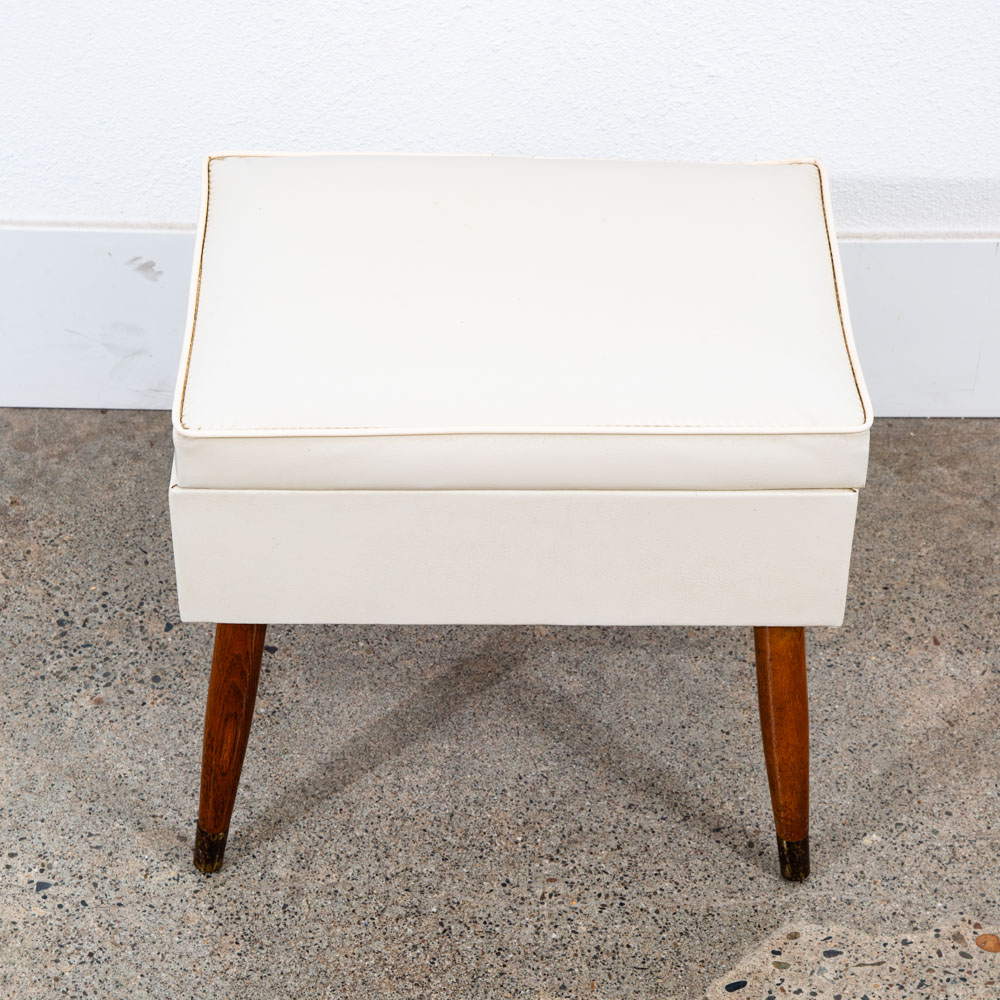Mid Century Modern Sewing Chair Stool Storage Wood White Brown Vintage Rectangle - Image 12