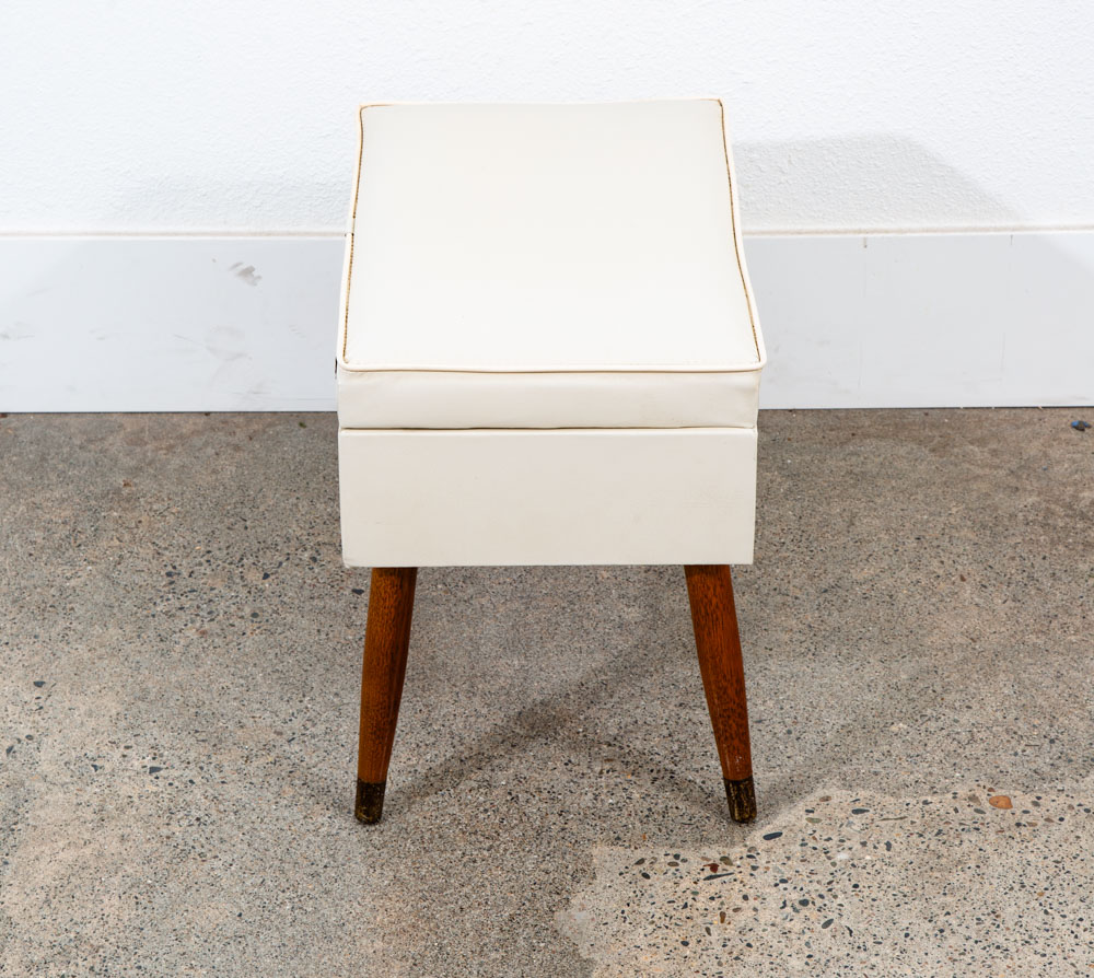 Mid Century Modern Sewing Chair Stool Storage Wood White Brown Vintage Rectangle - Image 6