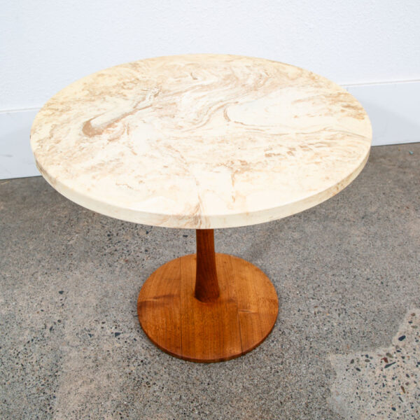 Mid Century Modern Side Table End Travertine Stone Walnut Base Round Nightstand - Image 11