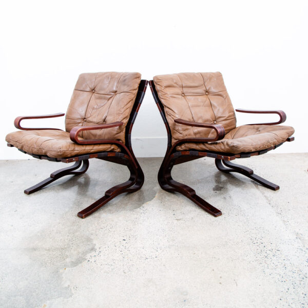 Mid Century Danish Modern Lounge Chairs Tan Leather Bentwood Set Pair Vintage