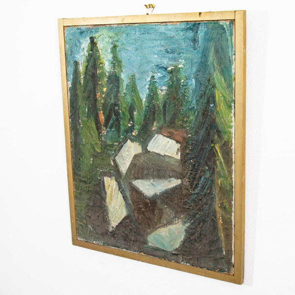 Mid Century Modern Acrylic Painting Original Art Abstract Landscape Trees Rocks - Image 7