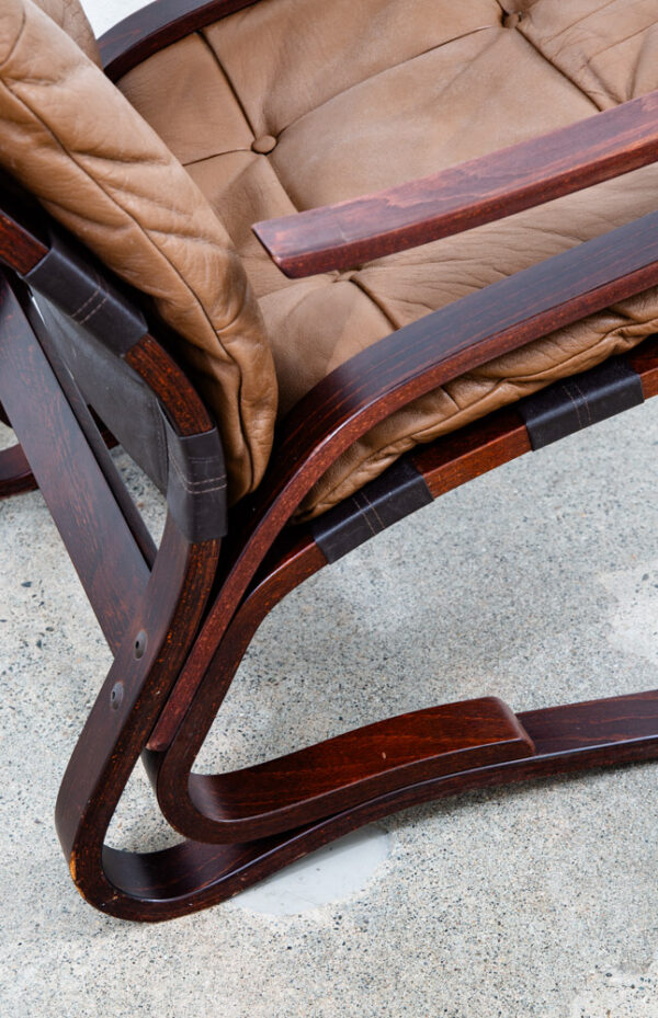 Mid Century Danish Modern Lounge Chairs Tan Leather Bentwood Set Pair Vintage - Image 11
