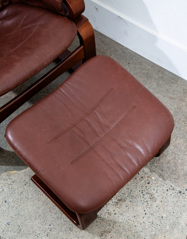 Mid Century Danish Modern Lounge Chairs Brown Leather Bentwood Set Pair Ottoman - Image 12