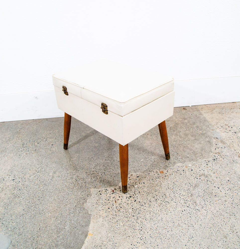 Mid Century Modern Sewing Chair Stool Storage Wood White Brown Vintage Rectangle - Image 11