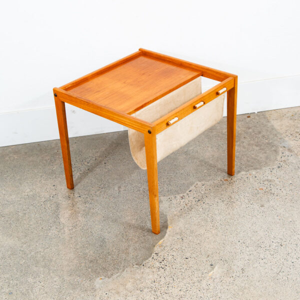 Mid Century Modern Magazine Rack Side Table Vintage Danish Canvas Sling Teak Mcm - Image 4