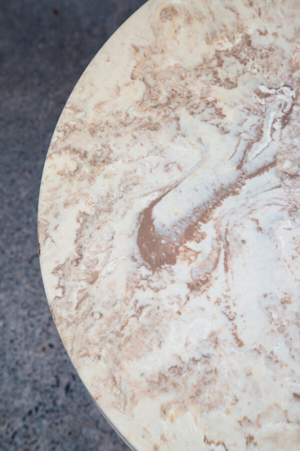 Mid Century Modern Side Table End Travertine Stone Walnut Base Round Nightstand - Image 8