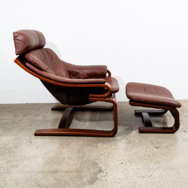 Mid Century Danish Modern Lounge Chairs Brown Leather Bentwood Set Pair Ottoman - Image 6