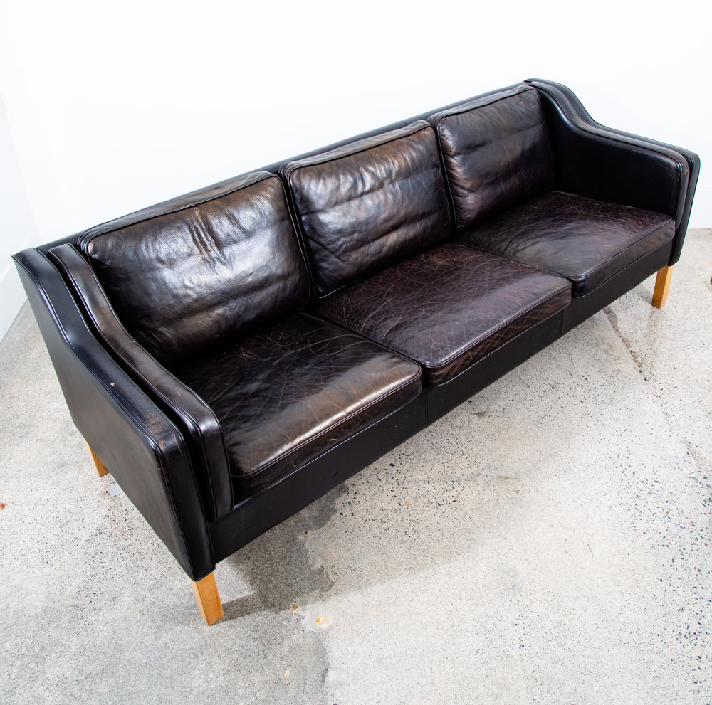 Mid Century Danish Modern Sofa Couch 3 Seater Denmark Leather Black Vintage Mcm