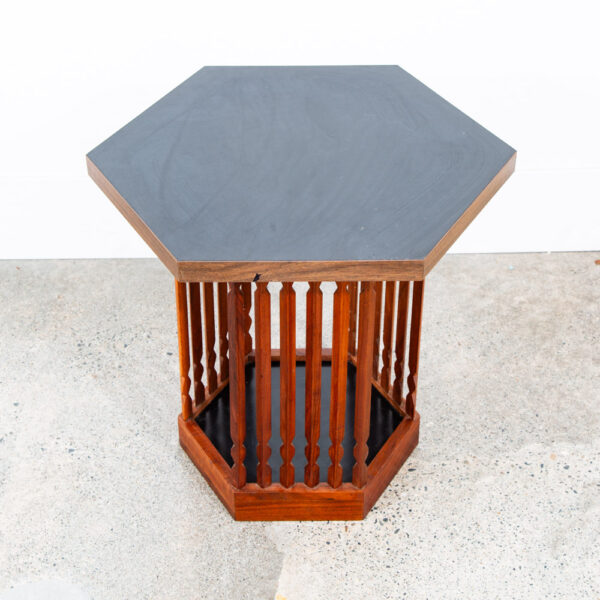 Mid Century Modern End Table Side Hexagon Arthur Umanoff Walnut Black Sculptural