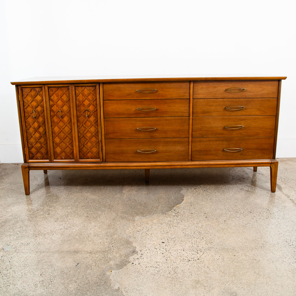 Mid Century Modern Credenza Dresser Walnut 12 Drawer Vintage Mcm Lattice Wood - Image 2