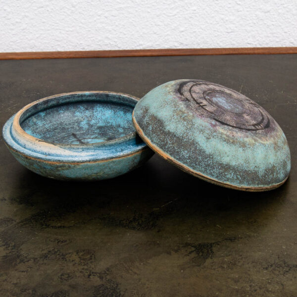 Mid Century Modern Ceramic Lidded Bowl Glazed Teal Blue Studio Ceramic Incense - Image 2