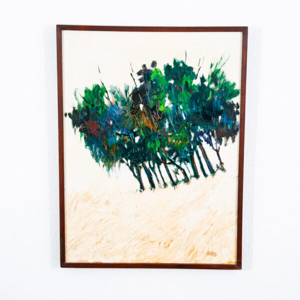 Mid Century Modern Oil Painting Original Art Abstract Landscape Signed Tan Trees