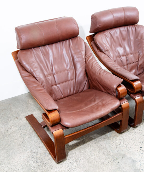 Mid Century Danish Modern Lounge Chairs Brown Leather Bentwood Set Pair Ottoman - Image 10