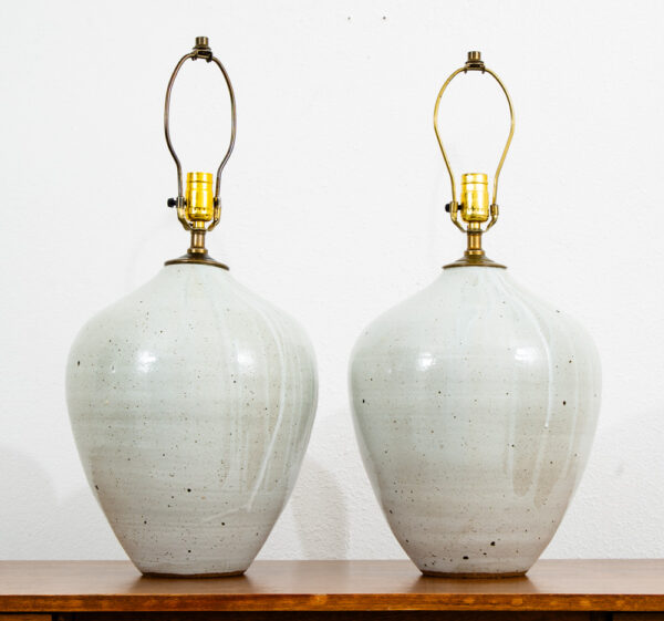 Mid Century Modern Table Lamp Set Pair Signed Ceramic White Pottery Round 1961