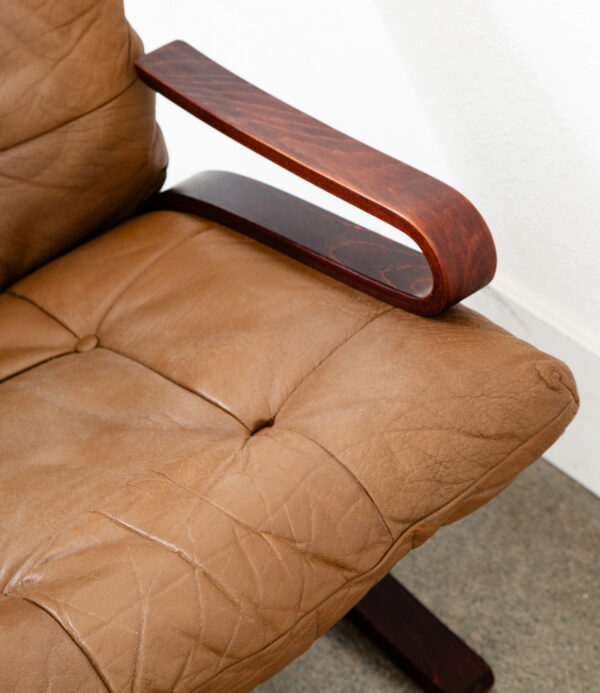 Mid Century Danish Modern Lounge Chairs Tan Leather Bentwood Set Pair Vintage - Image 9