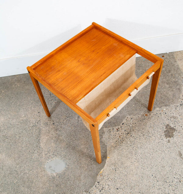 Mid Century Modern Magazine Rack Side Table Vintage Danish Canvas Sling Teak Mcm - Image 5